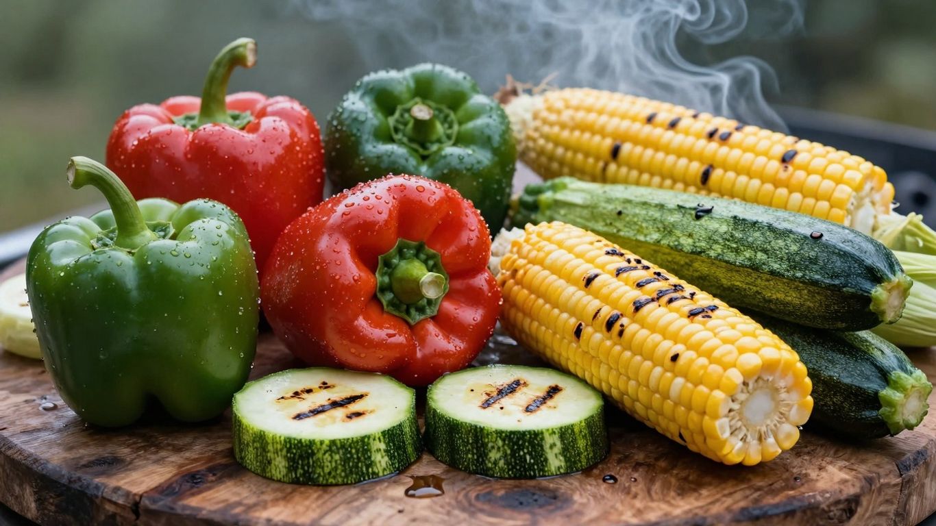 Colorful grilled vegetables on a wooden surface, ready for BBQ.