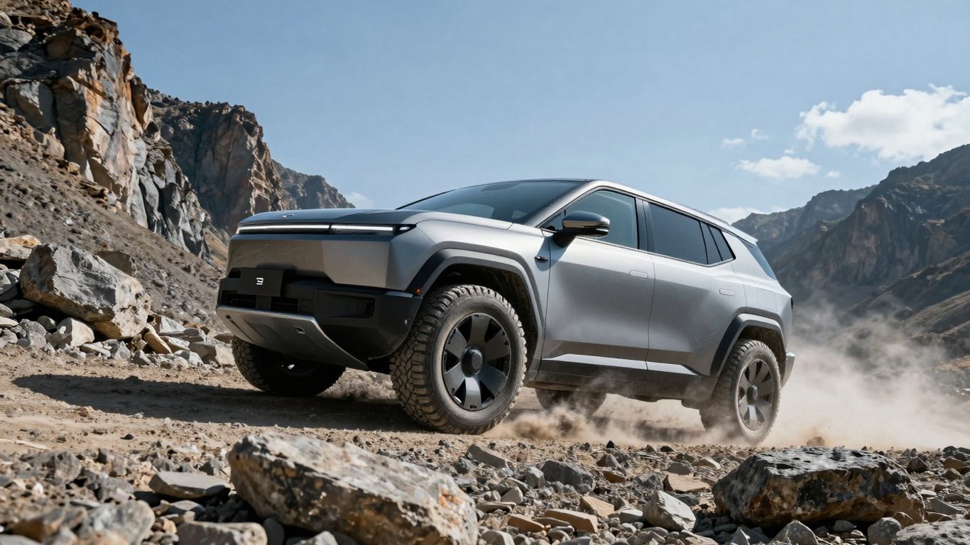 Electric SUV conquering a rocky mountain trail.