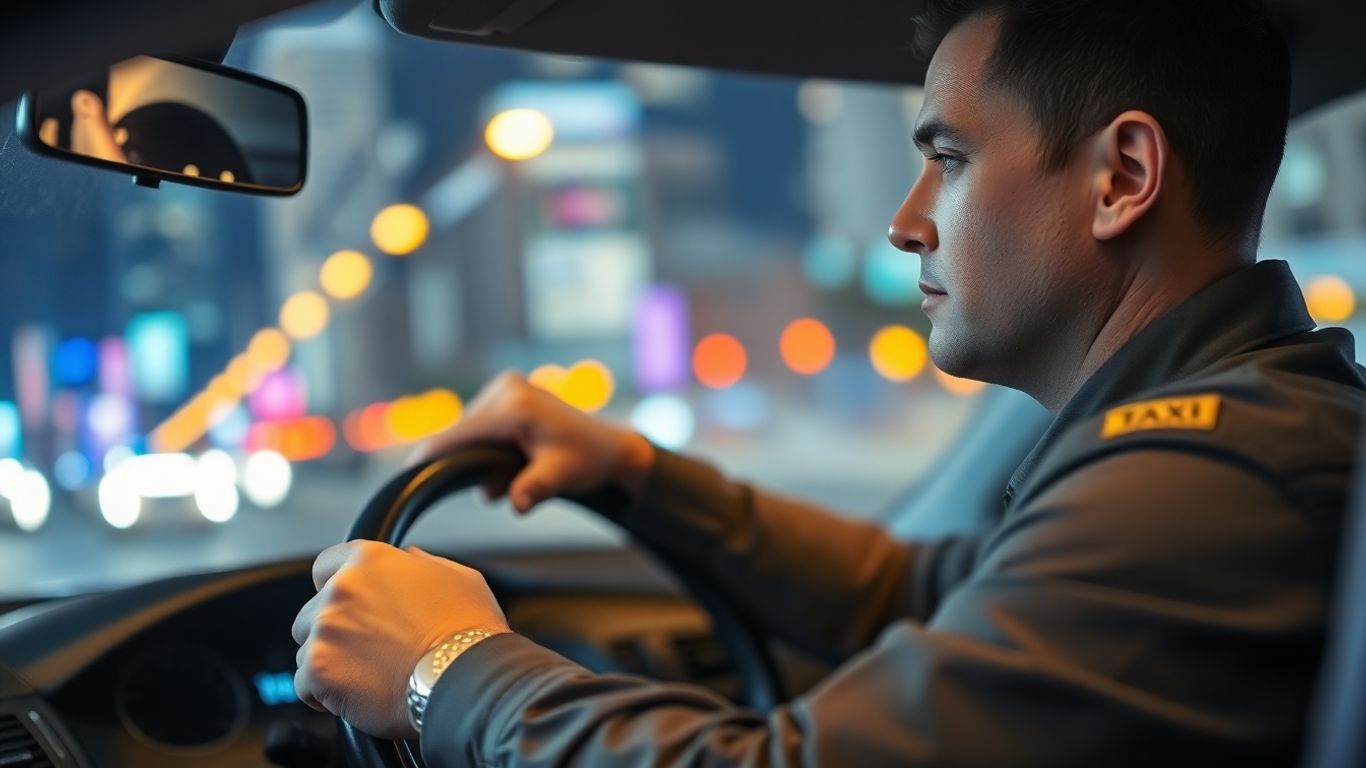 Taxi driver navigating a city at night.