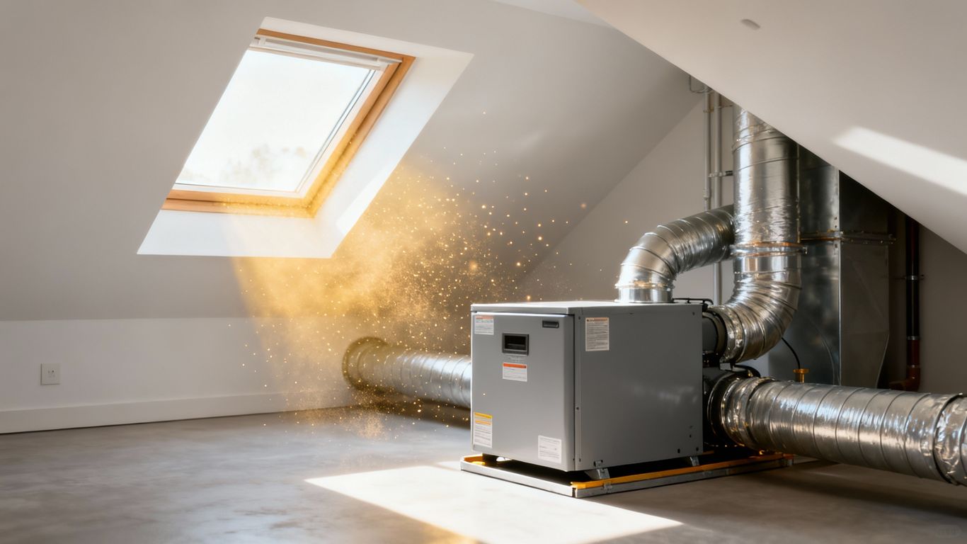 Attic HVAC installation with ducts and unit.