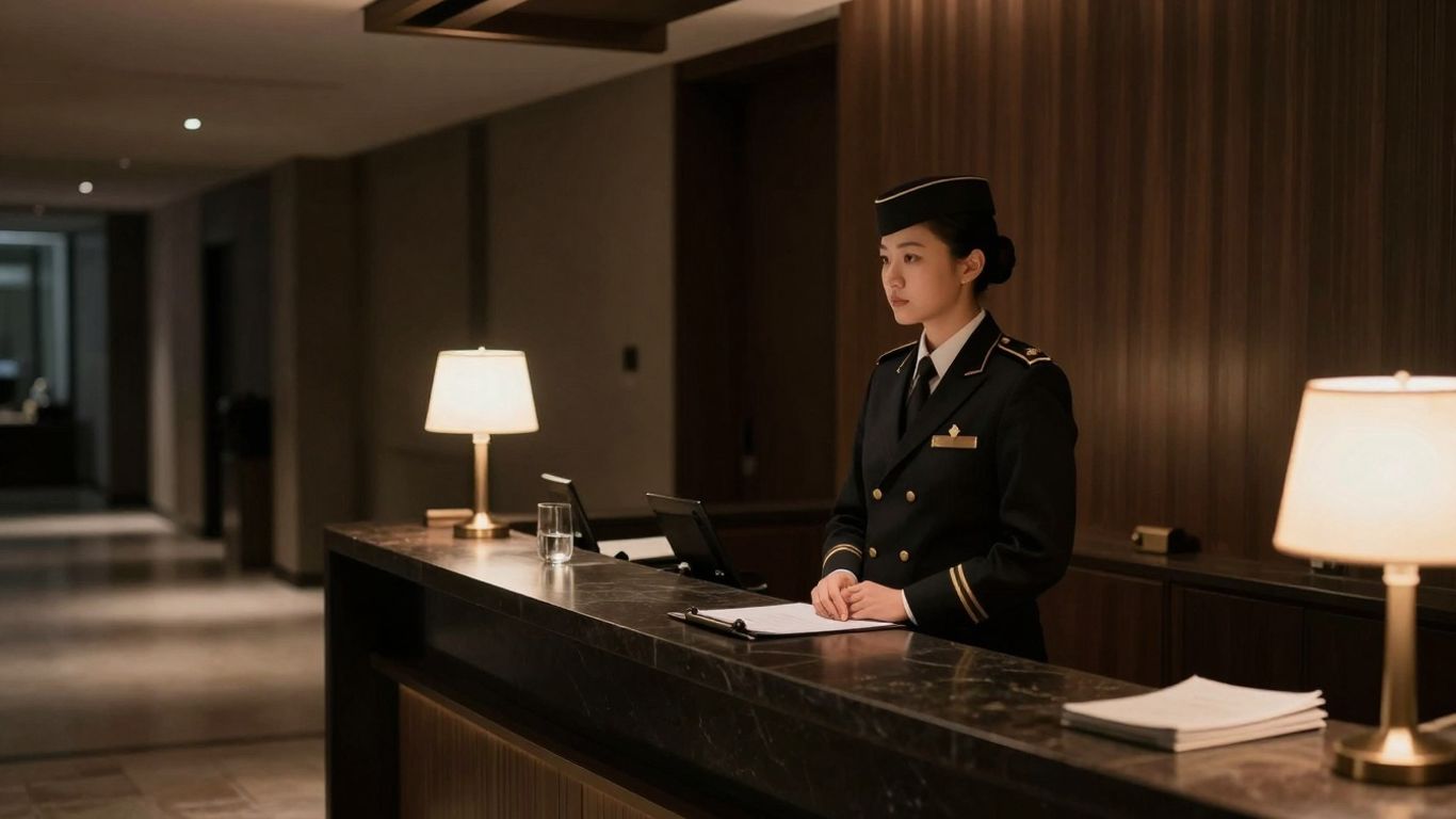 Night concierge in a secure reception area.