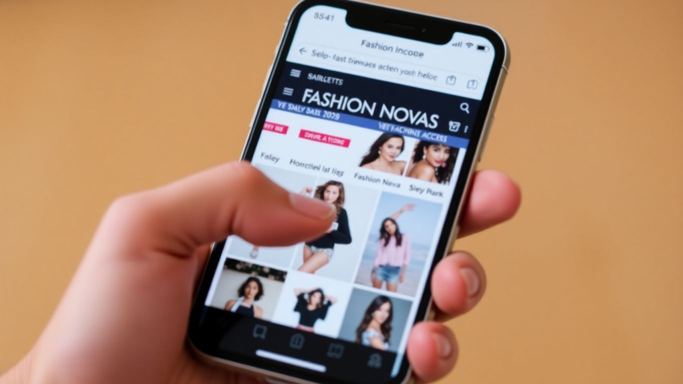Person holding phone with Fashion Nova website visible.