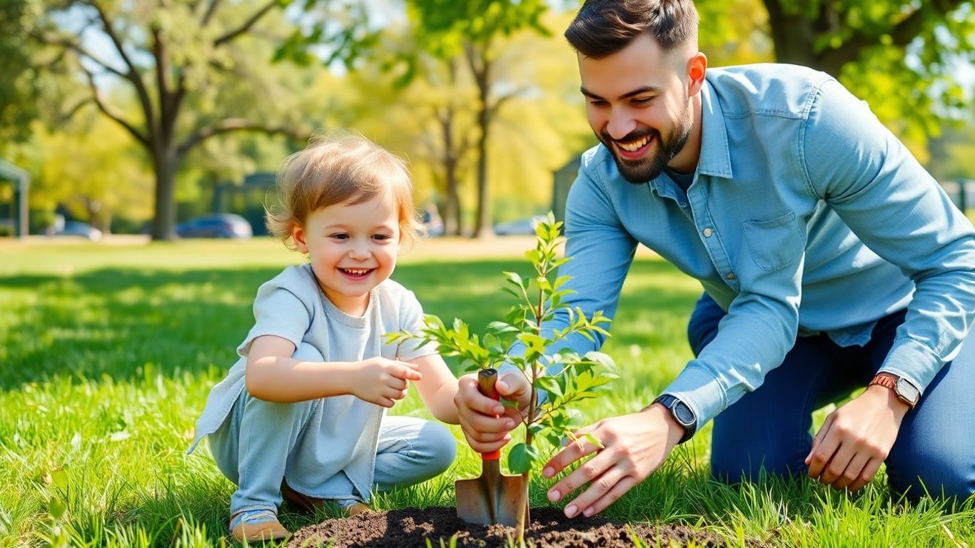 Părinte și copil plantează un copac în comunitate.
