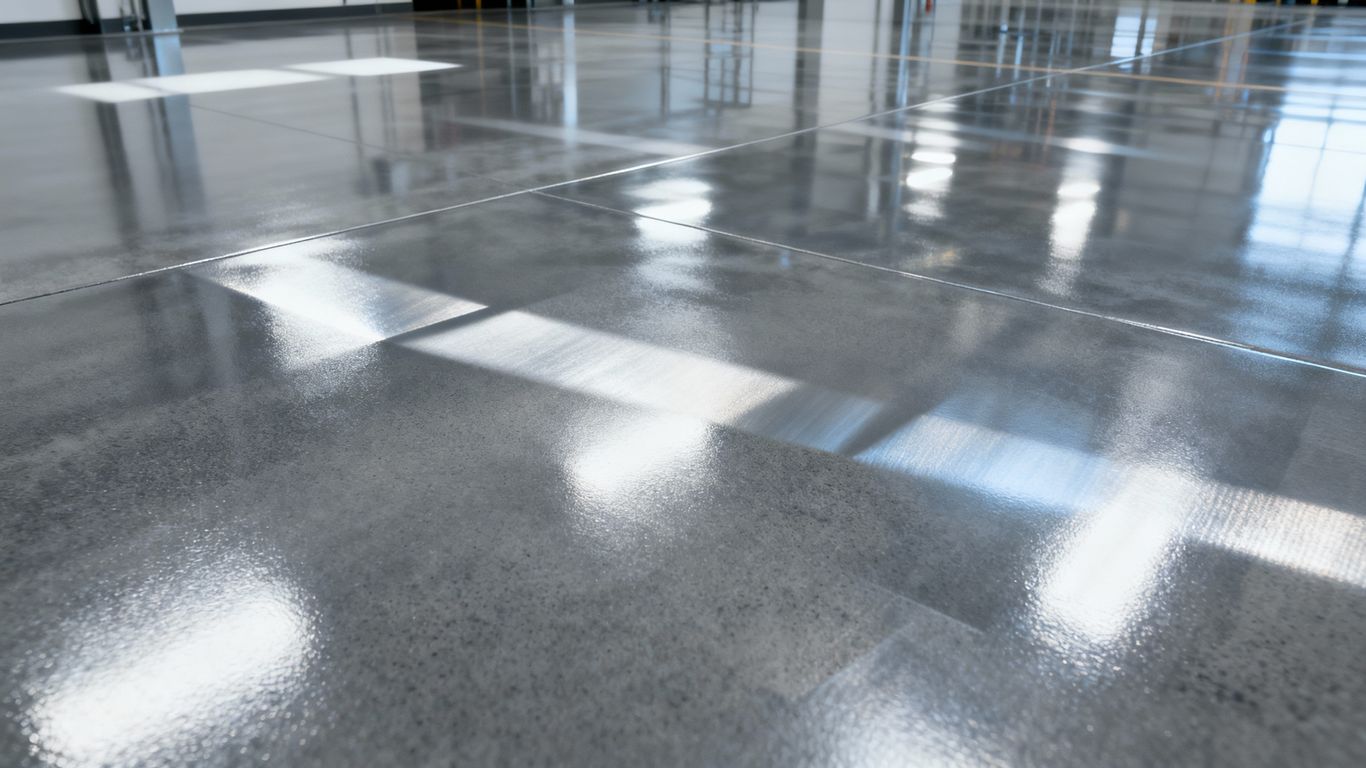 Durable, seamless epoxy floor reflecting light in a commercial area.
