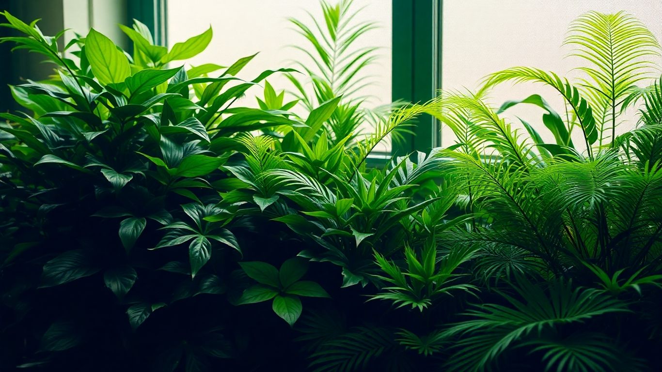 Plantas verdes em ambiente com pouca luz.