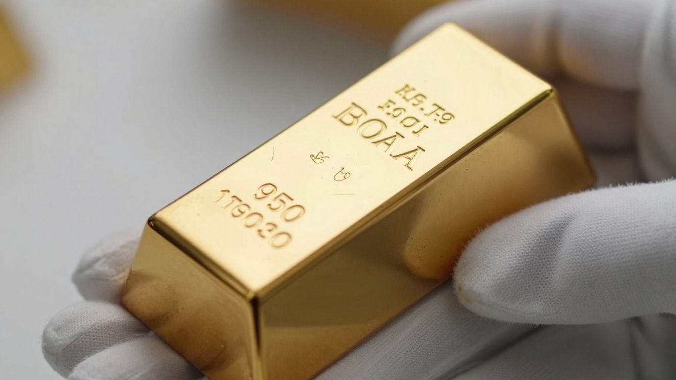一塊金錠在強光下閃閃發光。