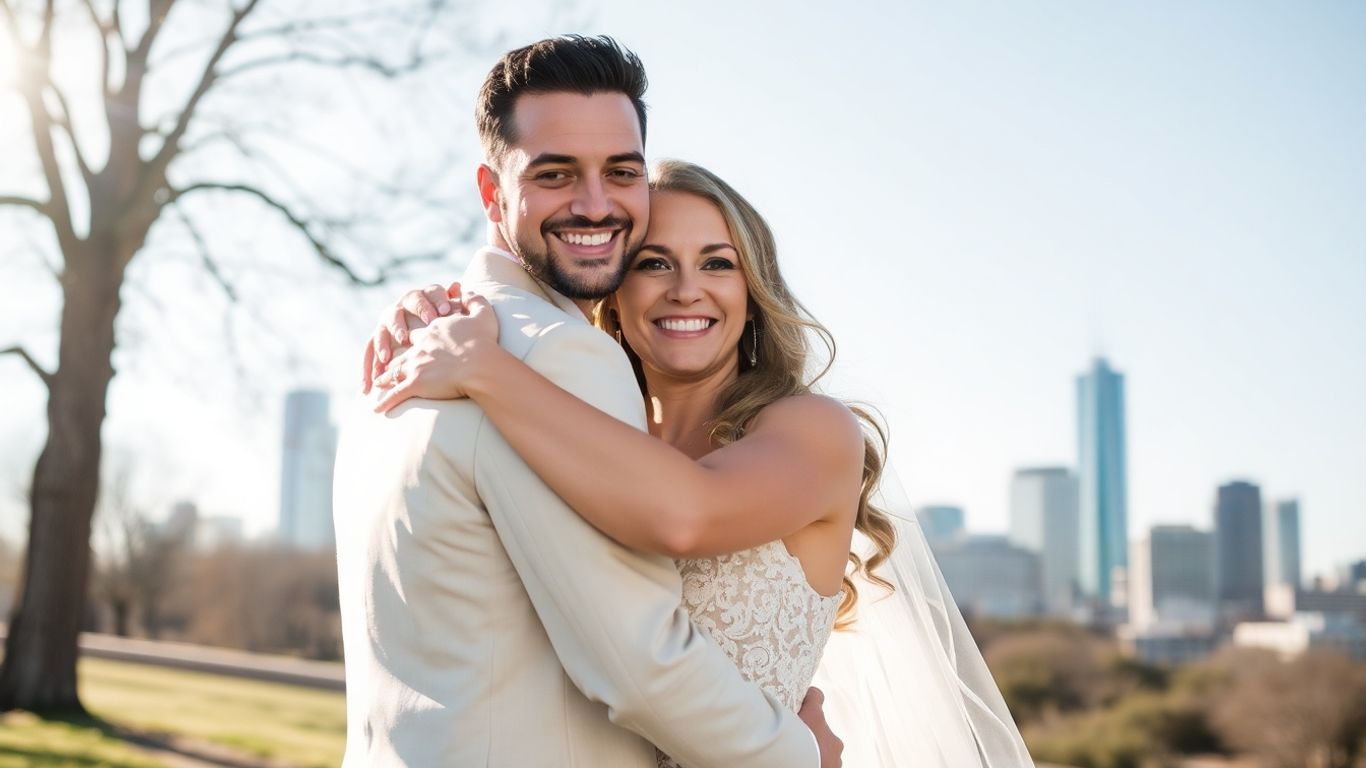 Couple eloping in Dallas with city skyline
