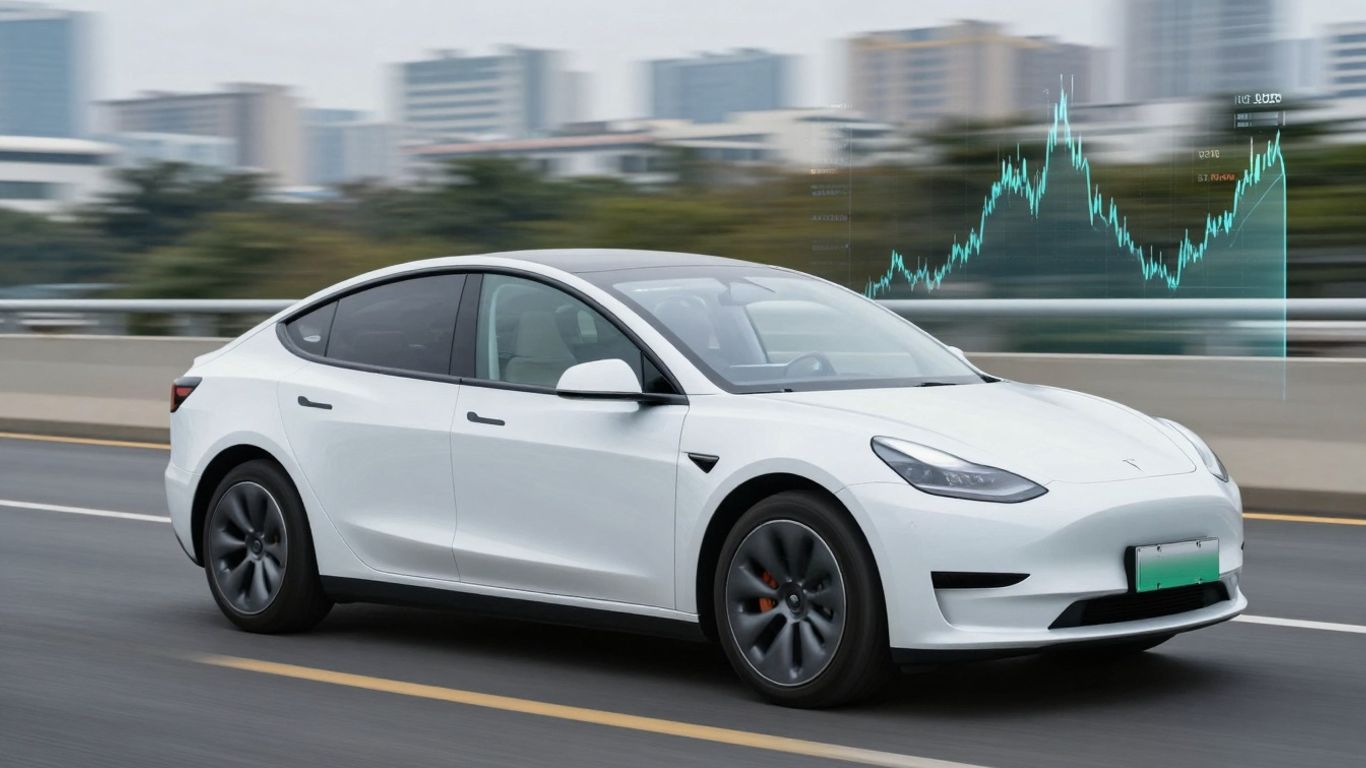 Tesla car with financial charts overlay