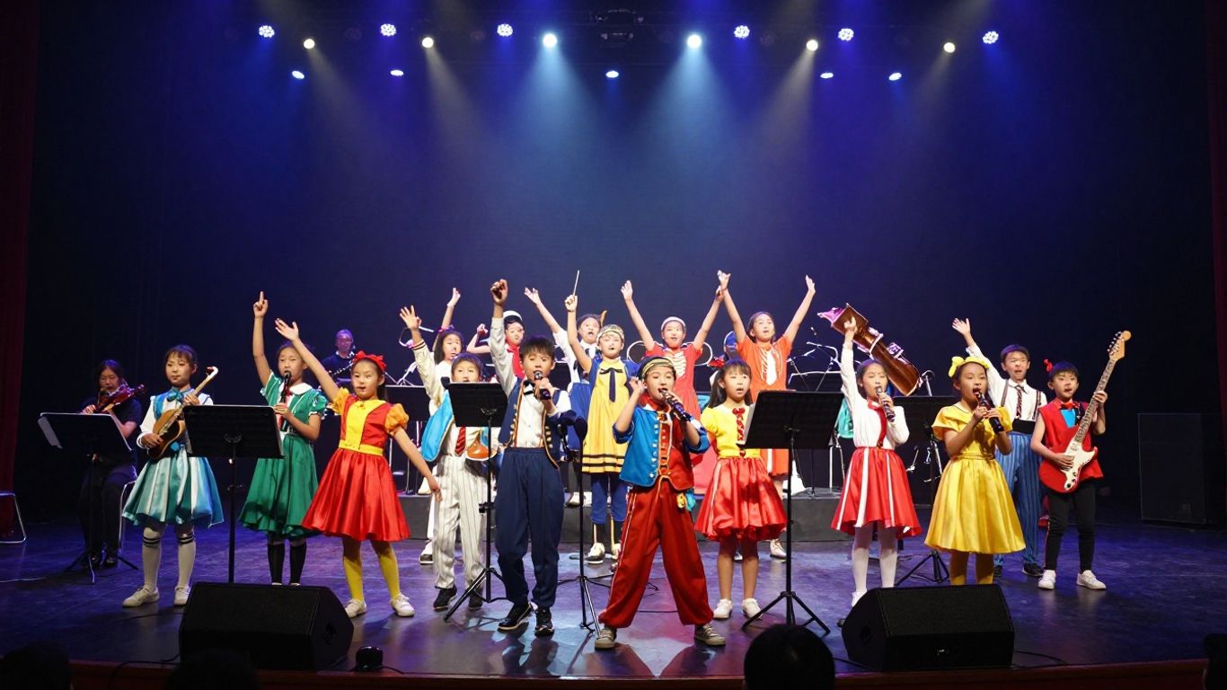 Kinderen voor Kinderen concert met vrolijke kinderen op podium.