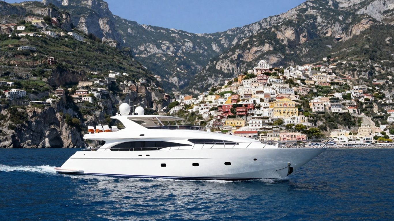 Luxury yacht sailing Amalfi Coast with scenic cliffs.