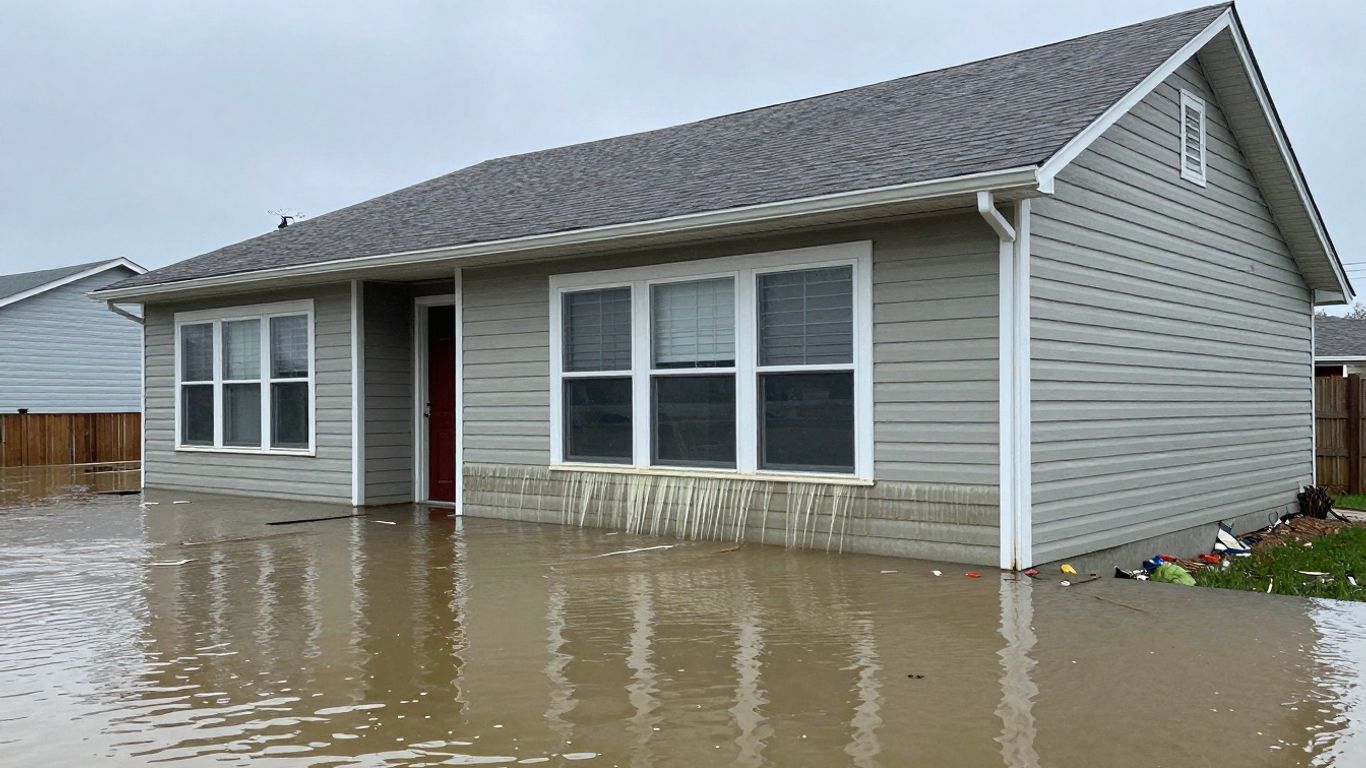 House surrounded by floodwater.