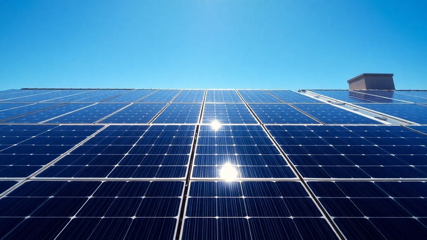 Panneaux solaires sur un toit sous un ciel bleu.