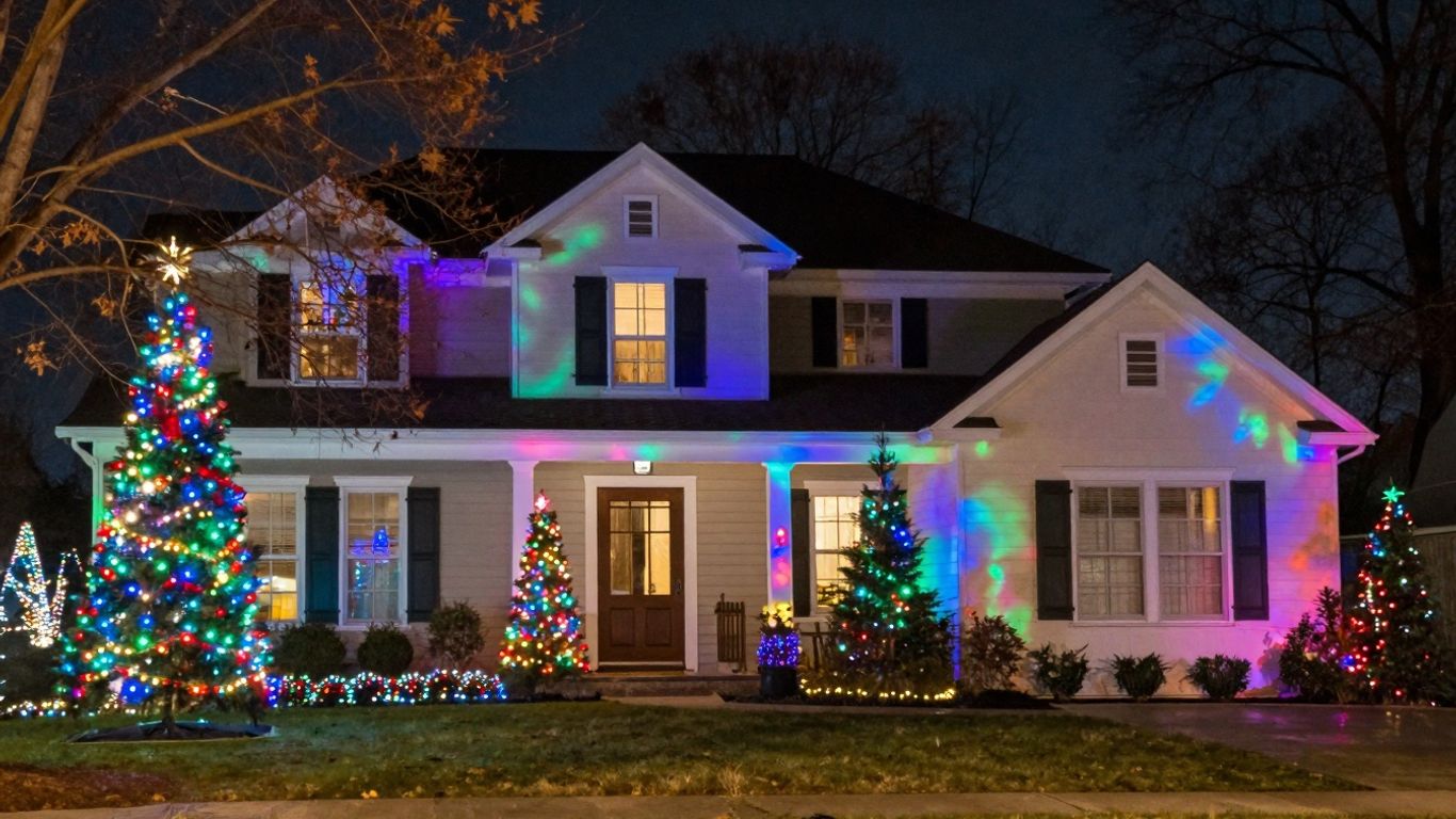 Colour-changing Christmas lights on a house exterior.