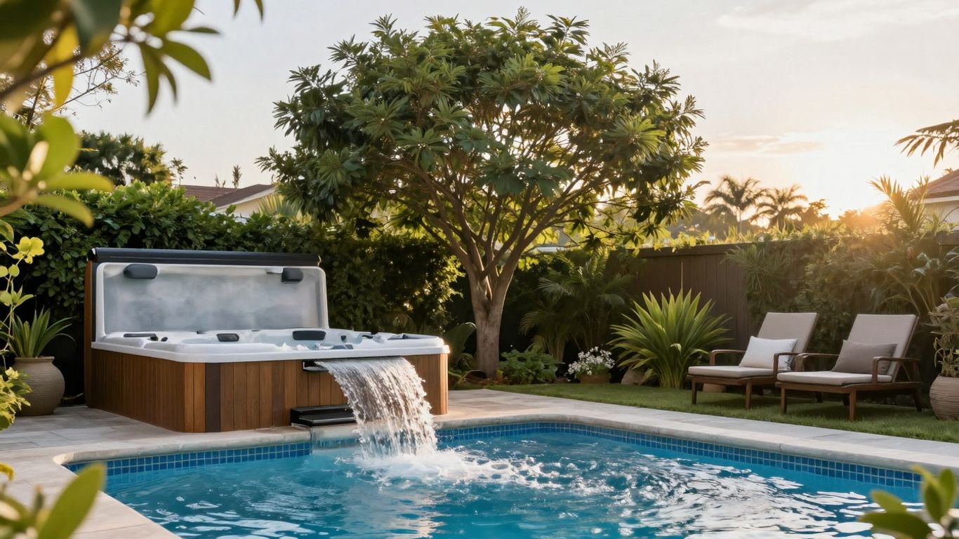 Pool and spa in a backyard setting.