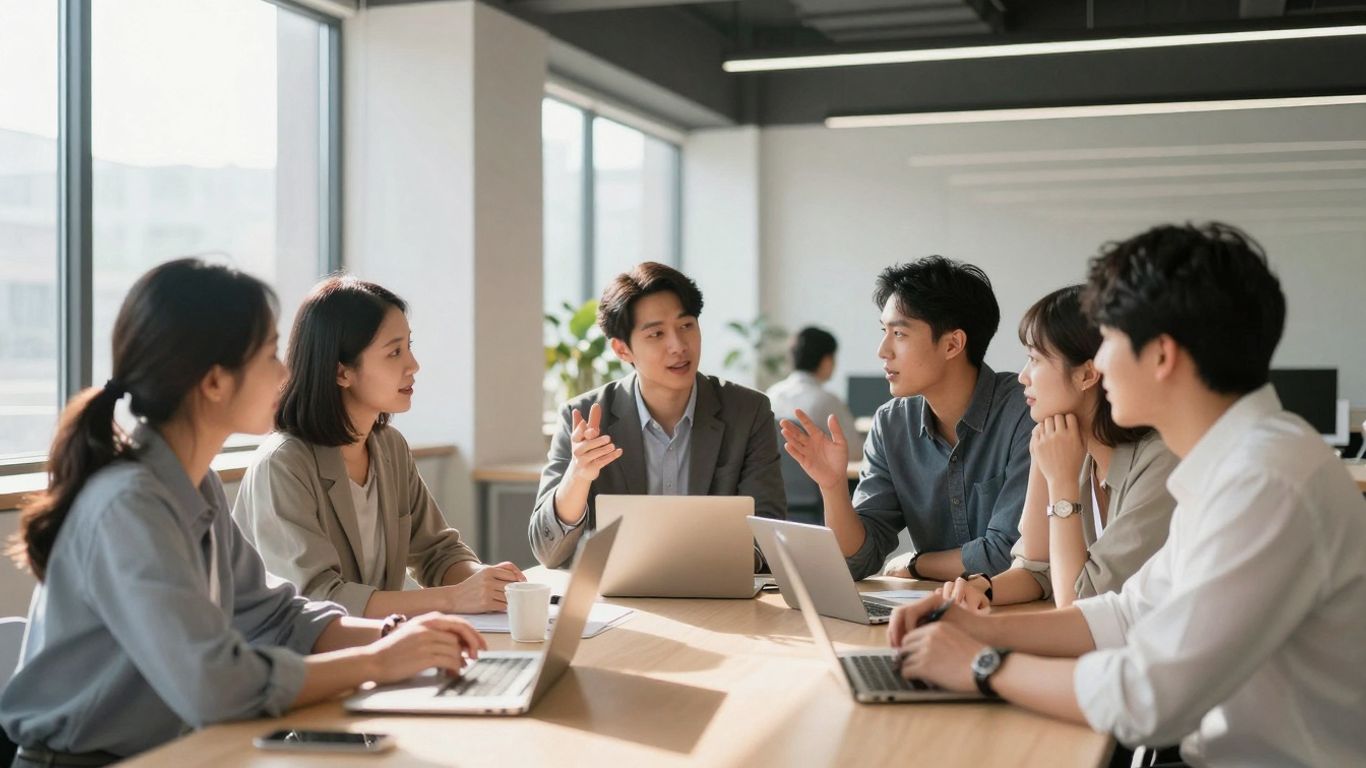 Business professionals collaborating in a bright, modern office setting.