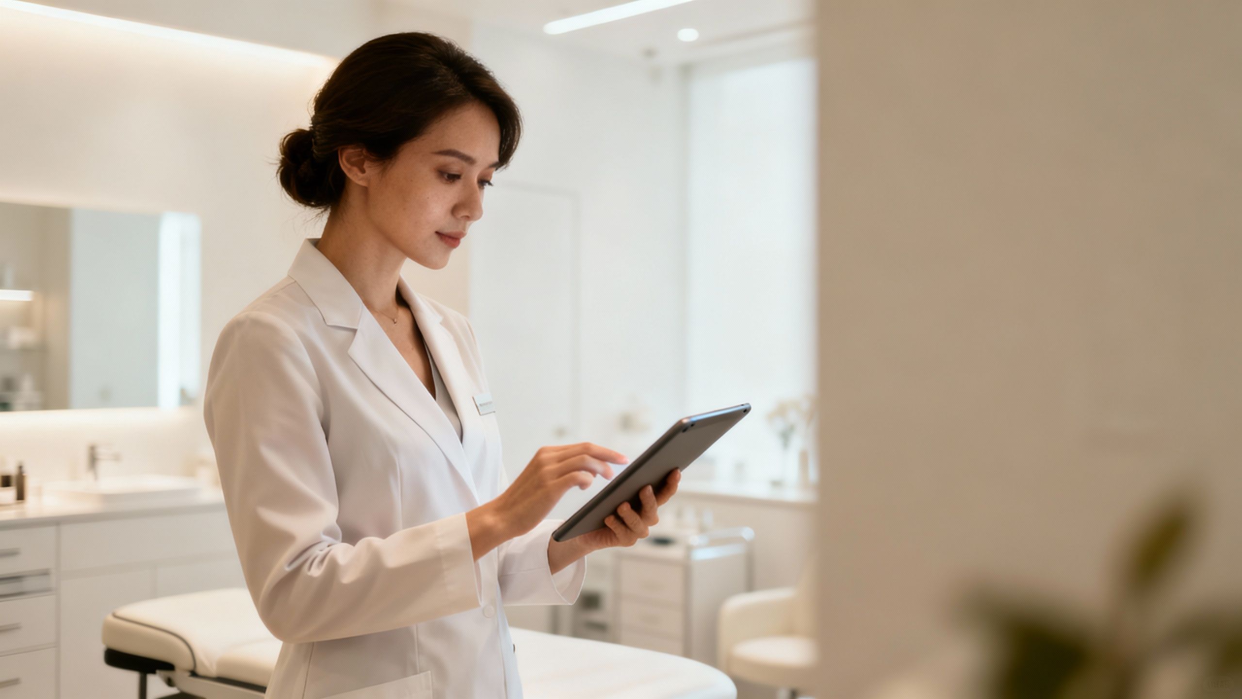 Clinic owner using a tablet to manage leads.