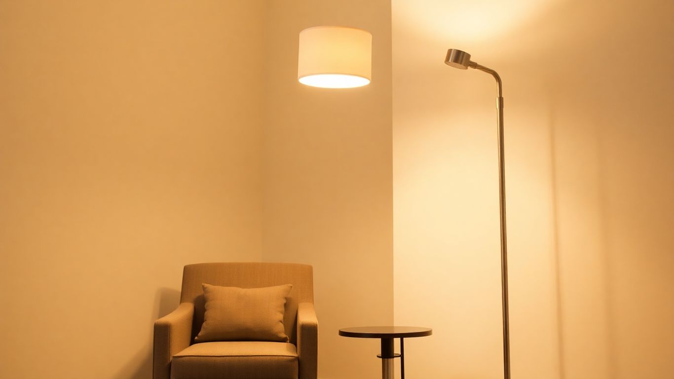 Modern floor lamp illuminating a cosy living room corner.