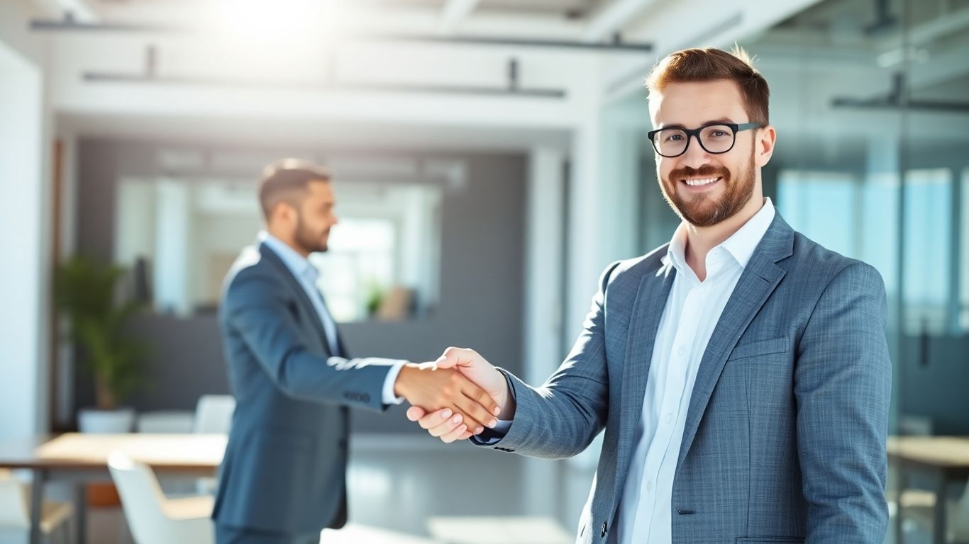 Mortgage broker shaking hands, closing a deal.
