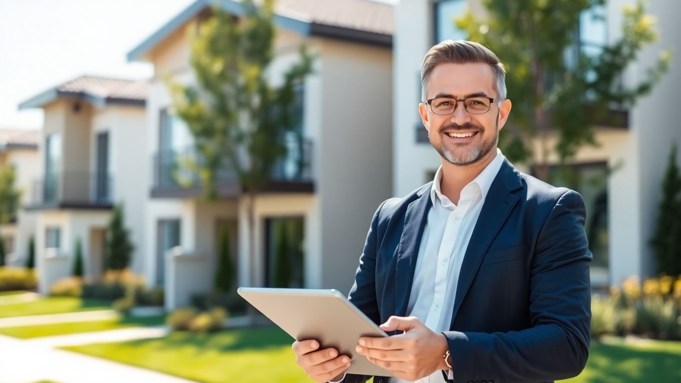Confident real estate broker outside luxury suburban homes
