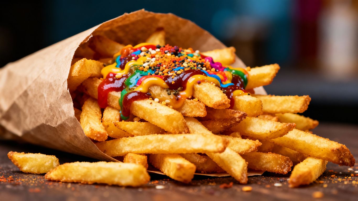 Crispy fries with colorful toppings in a cone.
