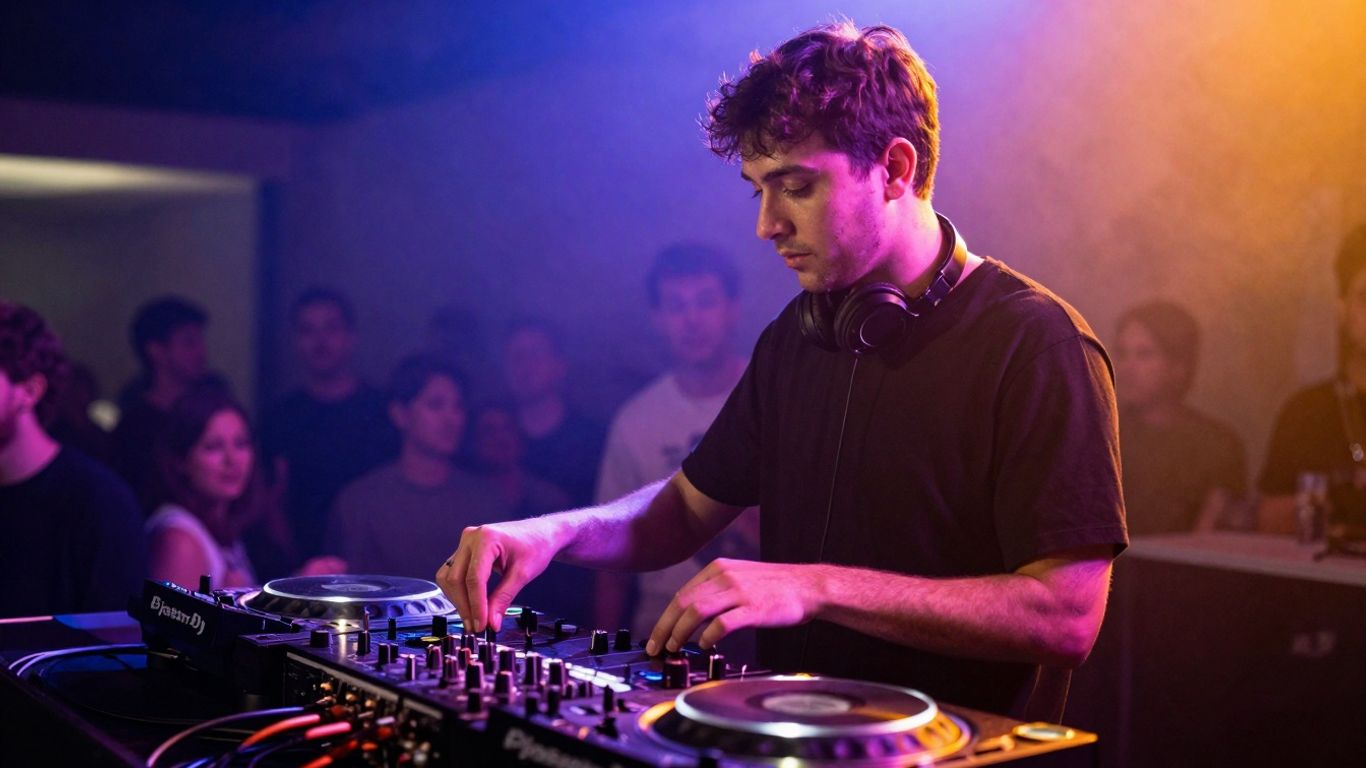 DJ performing with turntables and mixer under stage lights.
