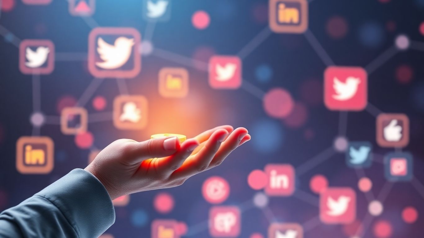 Interface réseau social avec icône de pièce et connexions numériques.