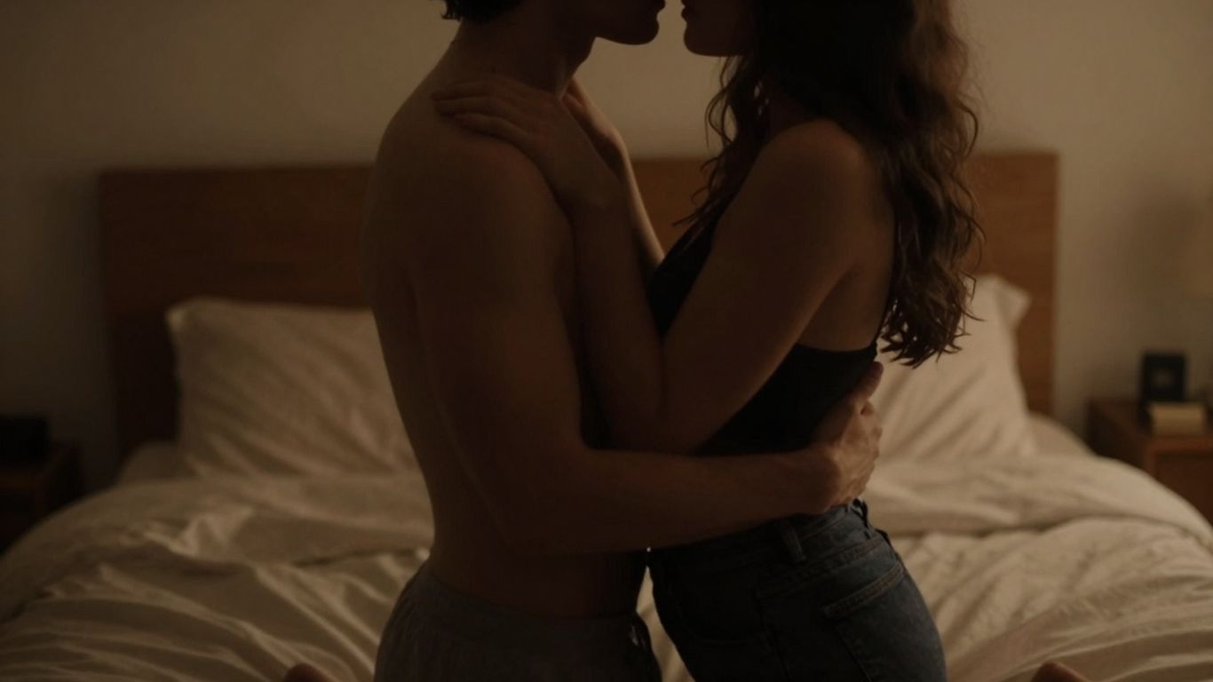 Couple embracing intimately in a bedroom