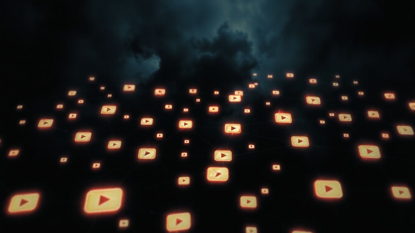 Digital network with YouTube icons and a dark storm.