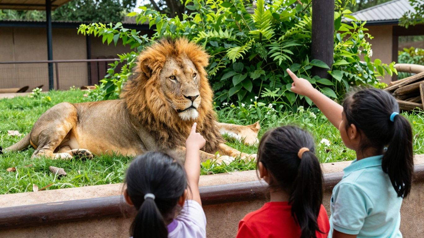 Familie beobachtet Löwen im Tierpark NRW.