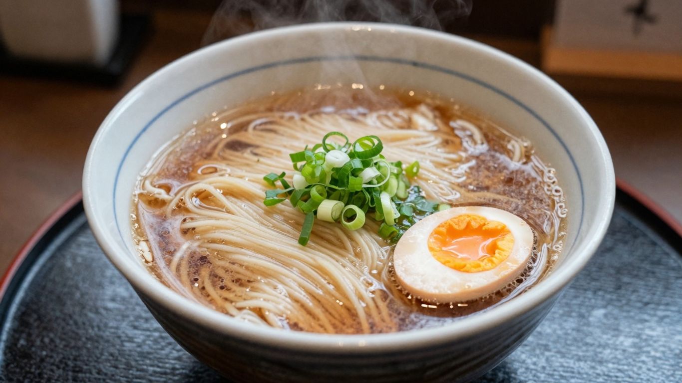 Gourmet ramen bowl with egg and green onions.