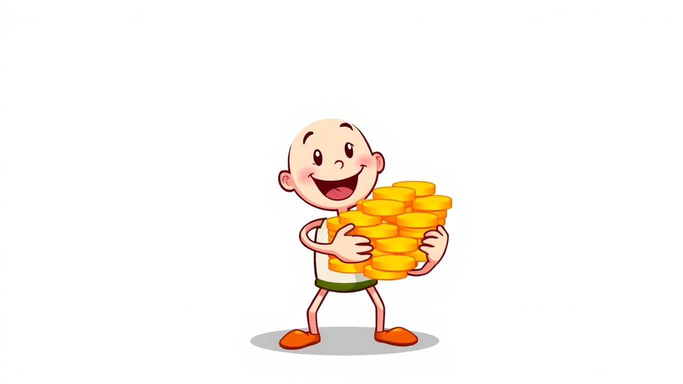 Cartoon character holding a stack of coins