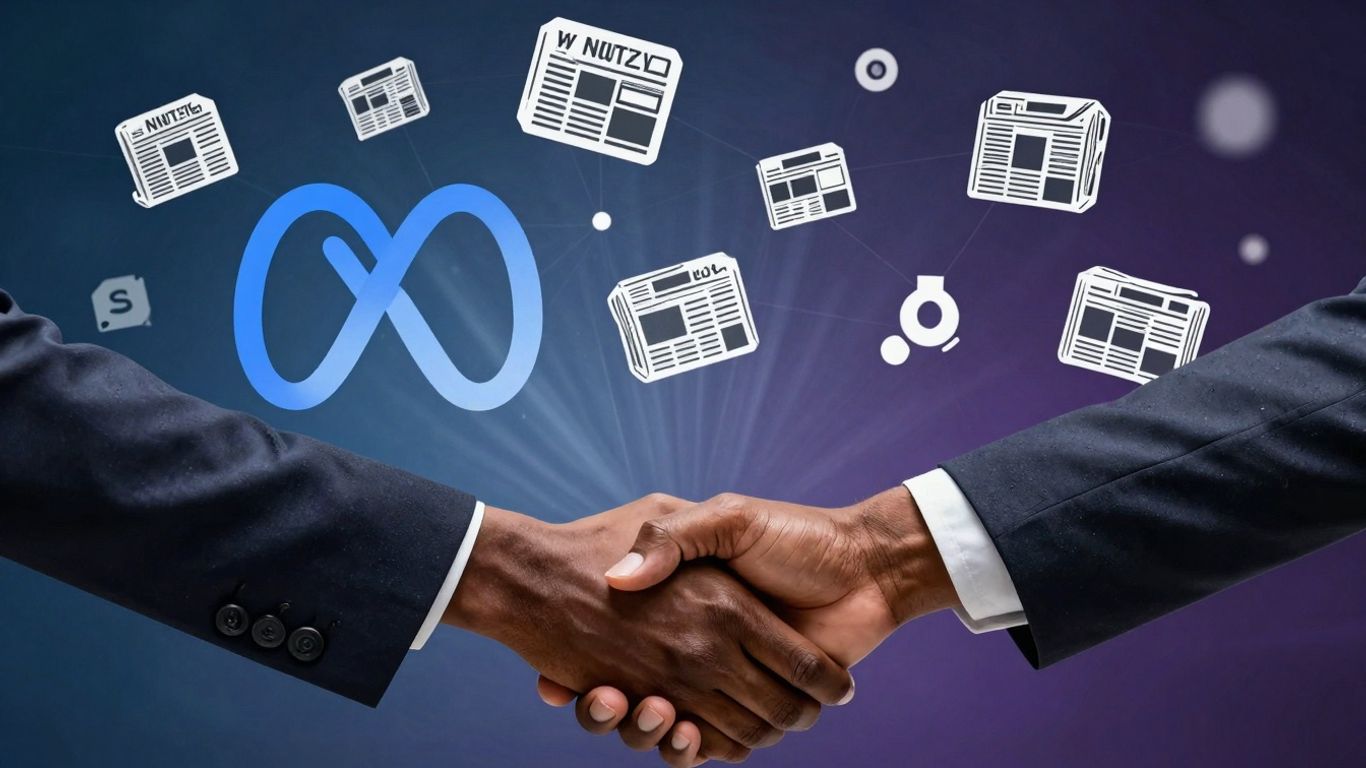 Meta logo and newspaper icons connecting digitally.