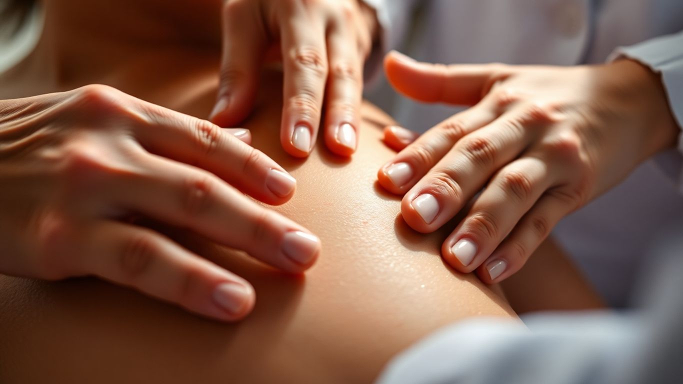 Mãos de dermatologista examinando pele de paciente.