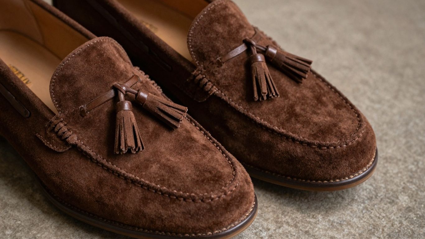 Brown suede tassel loafers on a neutral background.
