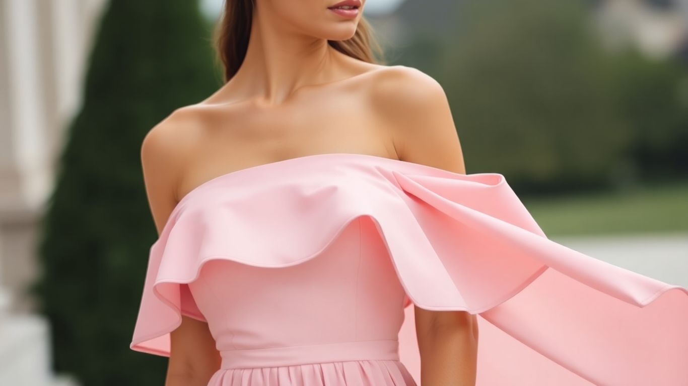 Frau in elegantem schulterfreiem Kleid im Freien.