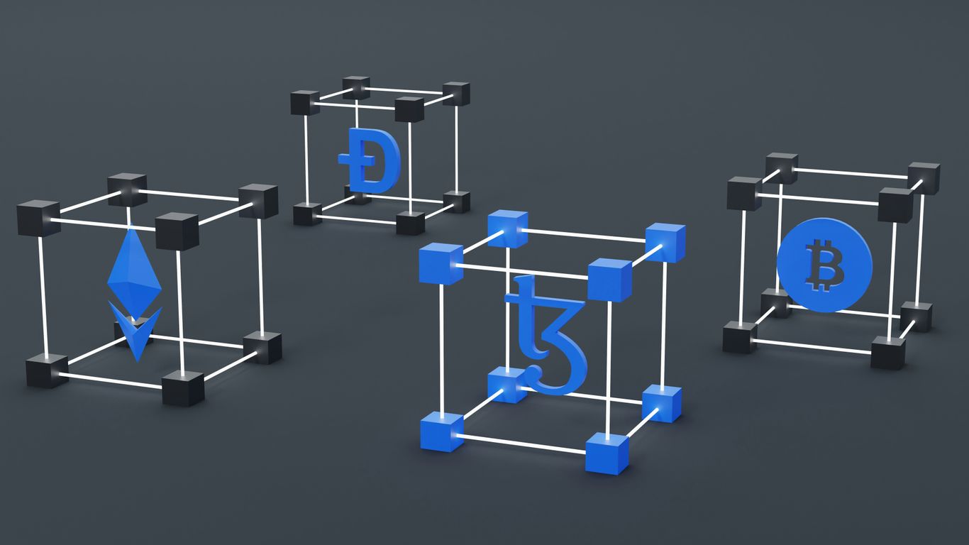 Four 3D cubes displaying different cryptocurrency logos on a dark background.