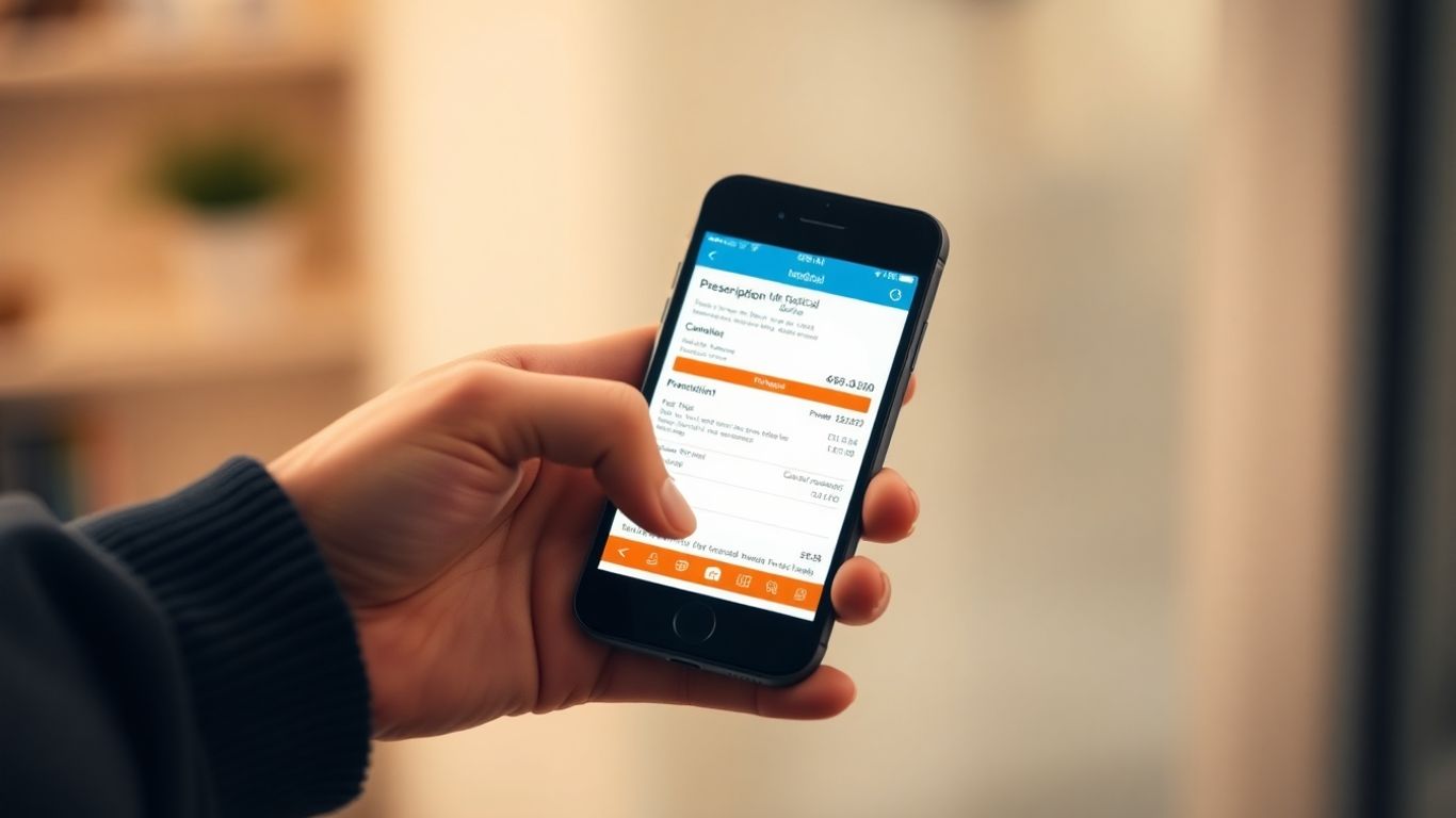Mână cu telefon afișând rețetă medicală digitală