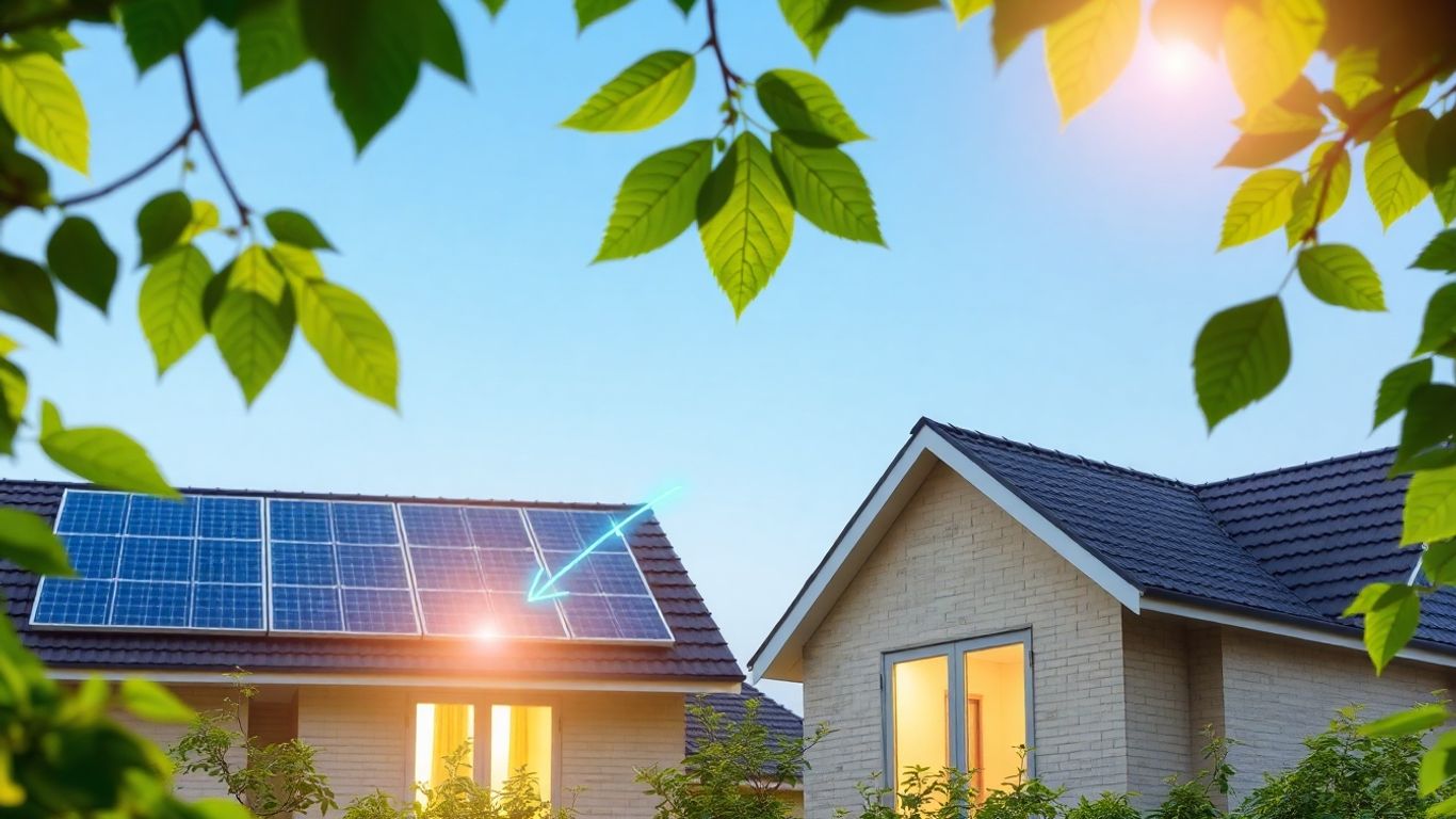 Solar panels on a roof with a house.