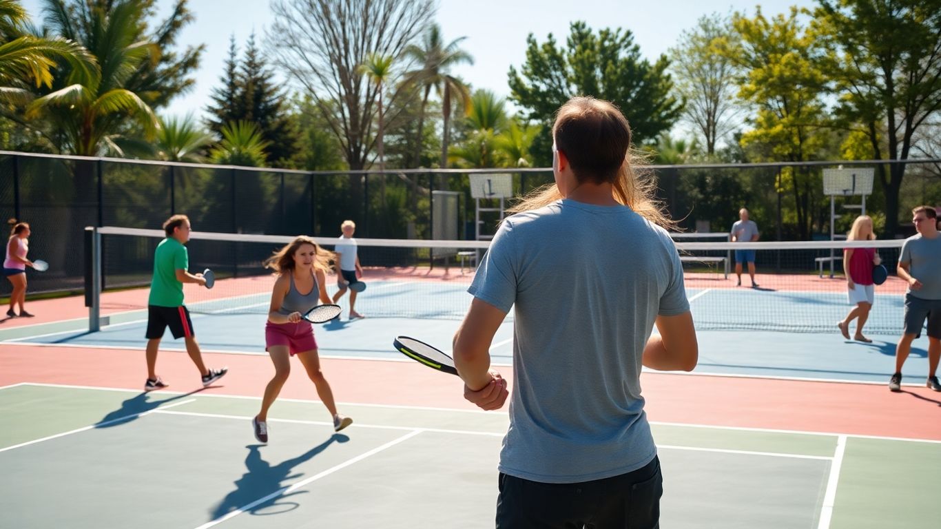 Pickleball players on a court with paddles and ball.