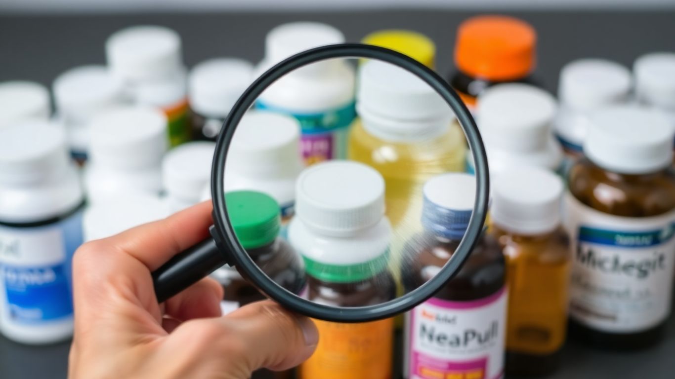 Magnifying glass inspecting supplement bottles for quality.