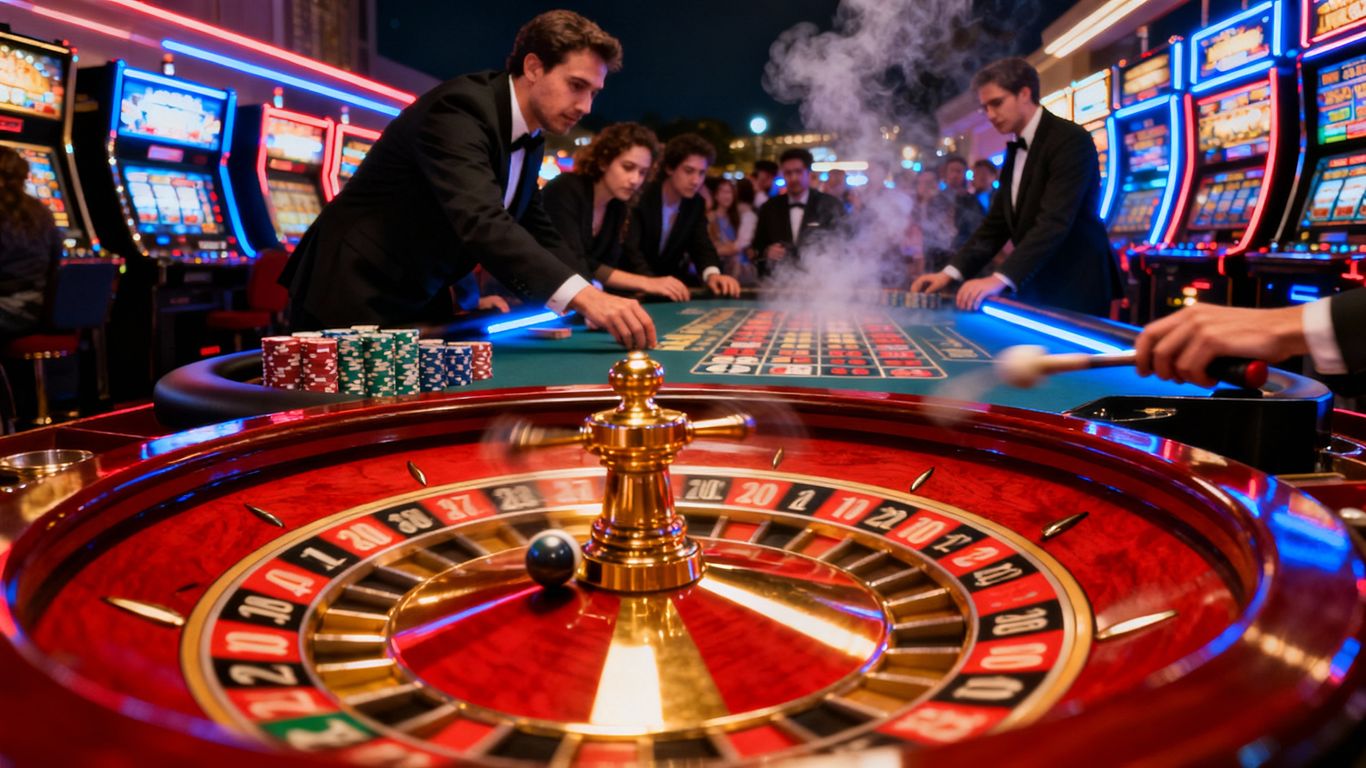 Casino floor with games and bright lights.