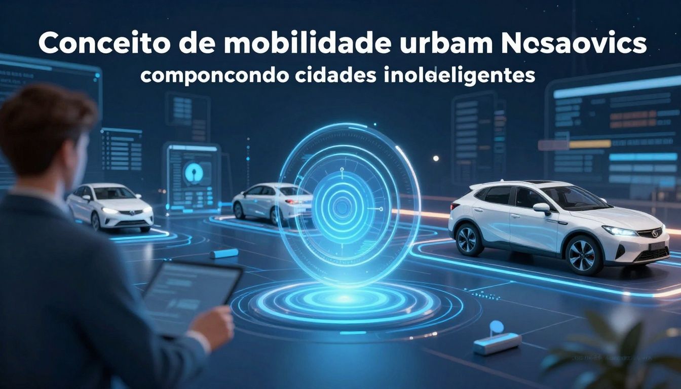 Conceito de mobilidade urbana com tecnologias inovadoras, compondo cidades inteligentes, veículos elétricos e conectividade