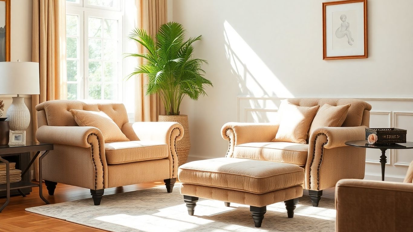 Comfortable armchair and ottoman in a sunlit living room.