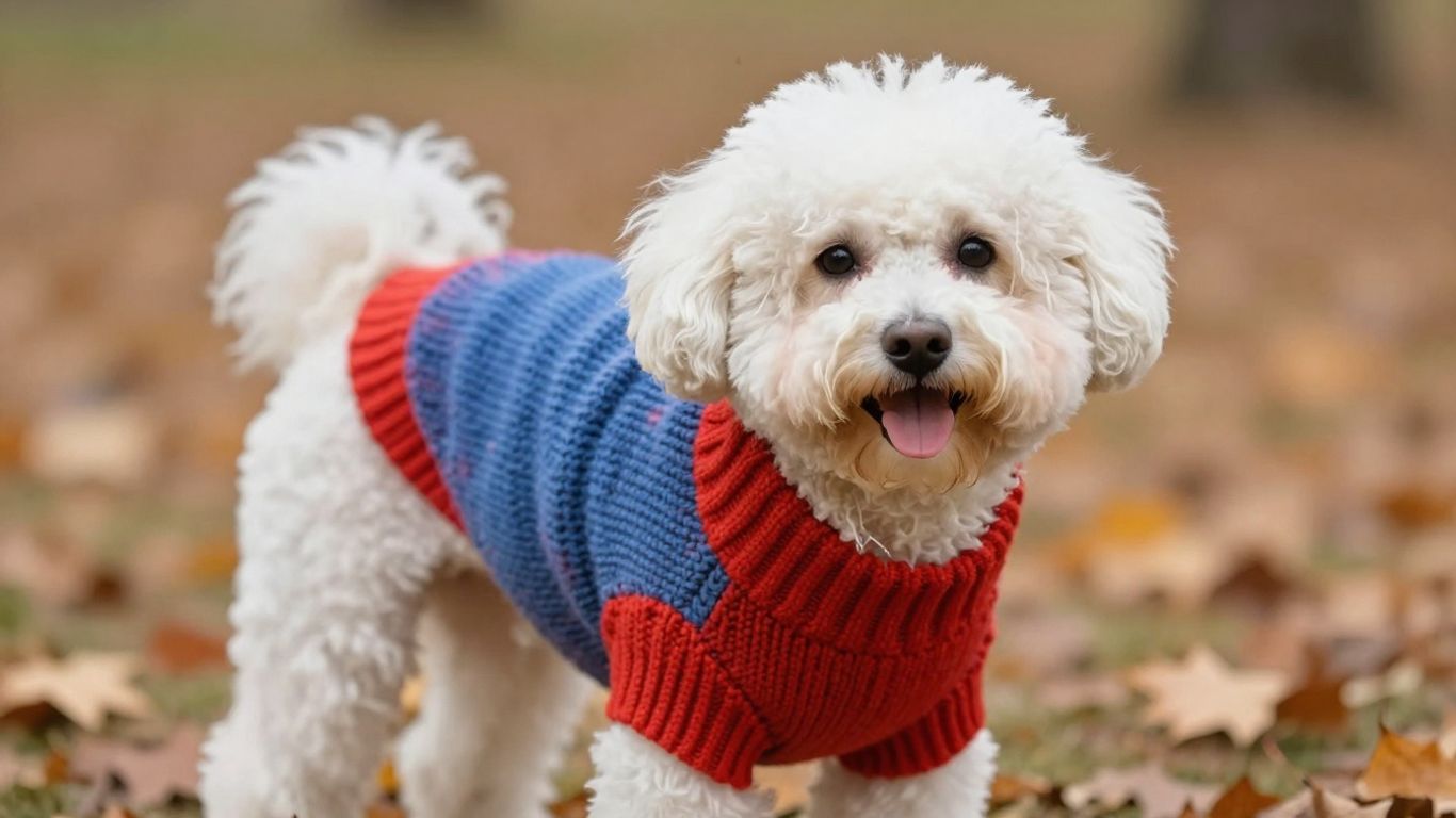 Dog wearing a fashionable knitted sweater outdoors.