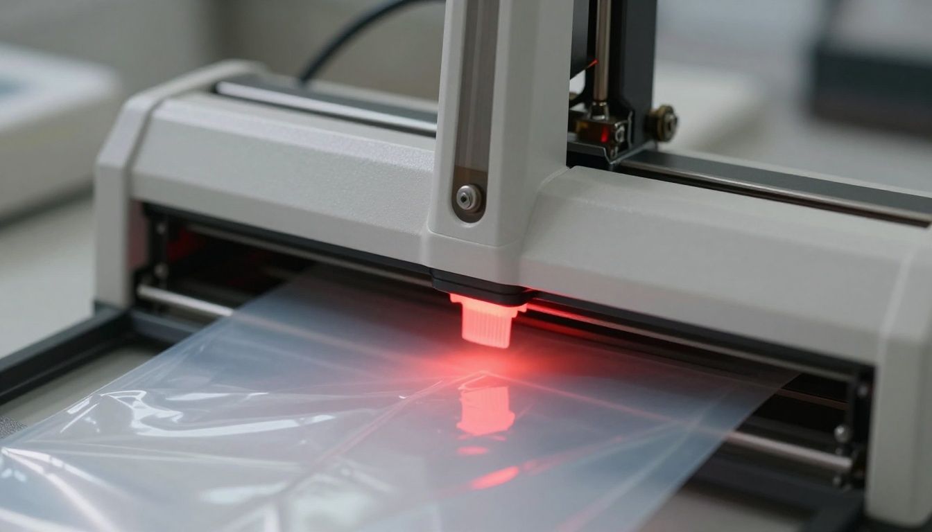 Close-up of a vacuum sealer's hot sealing bar melting plastic packaging.