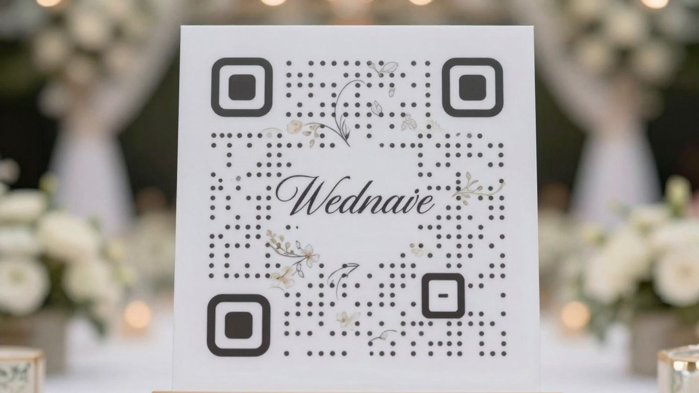Elegant wedding QR code with floral design.
