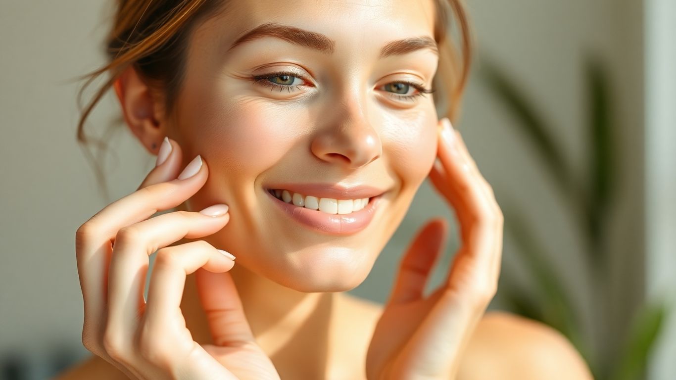 Woman with radiant skin applying face cream.