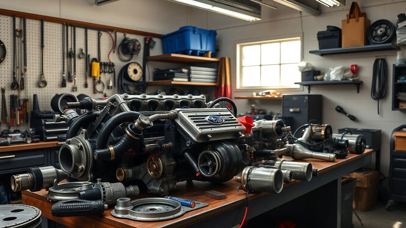 Subaru WRX used parts in a workshop.