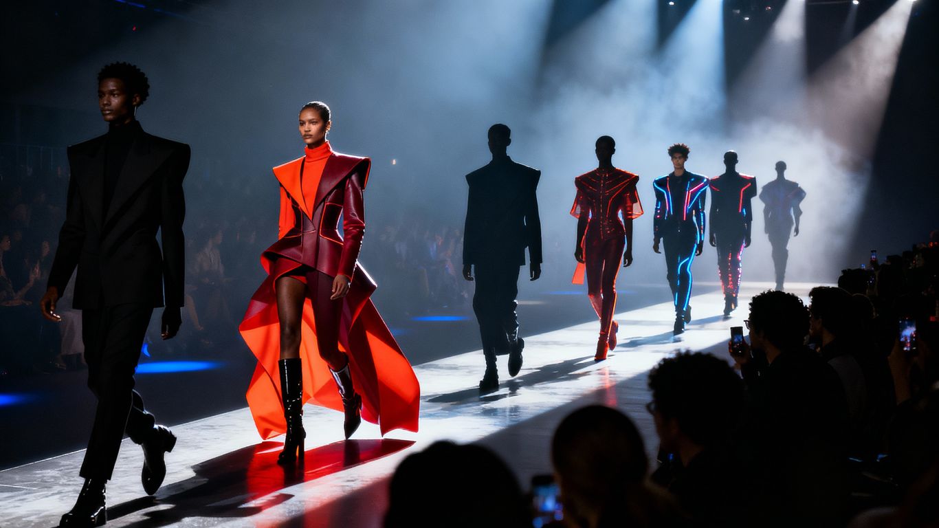 Models in futuristic 2026 runway fashion.