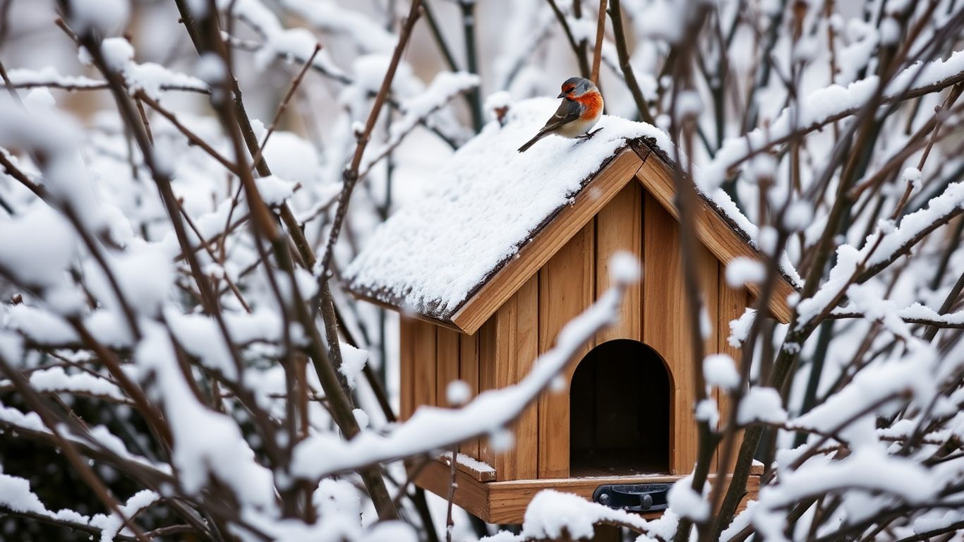 Vogelhaus im Wintergarten mit einem Vogel auf dem Dach.